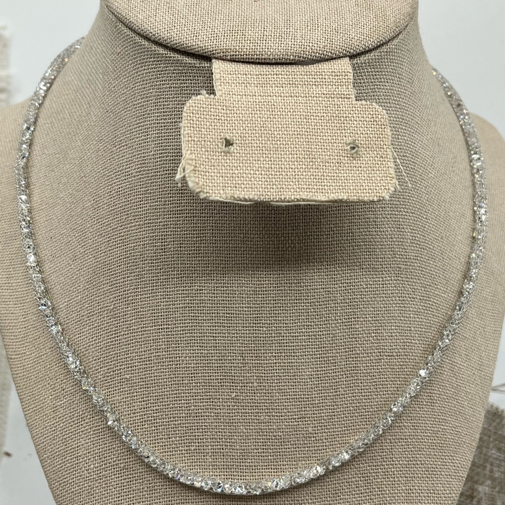 Vintage 14K White Gold Tube Mesh Necklace Filled with Diamonique Stones